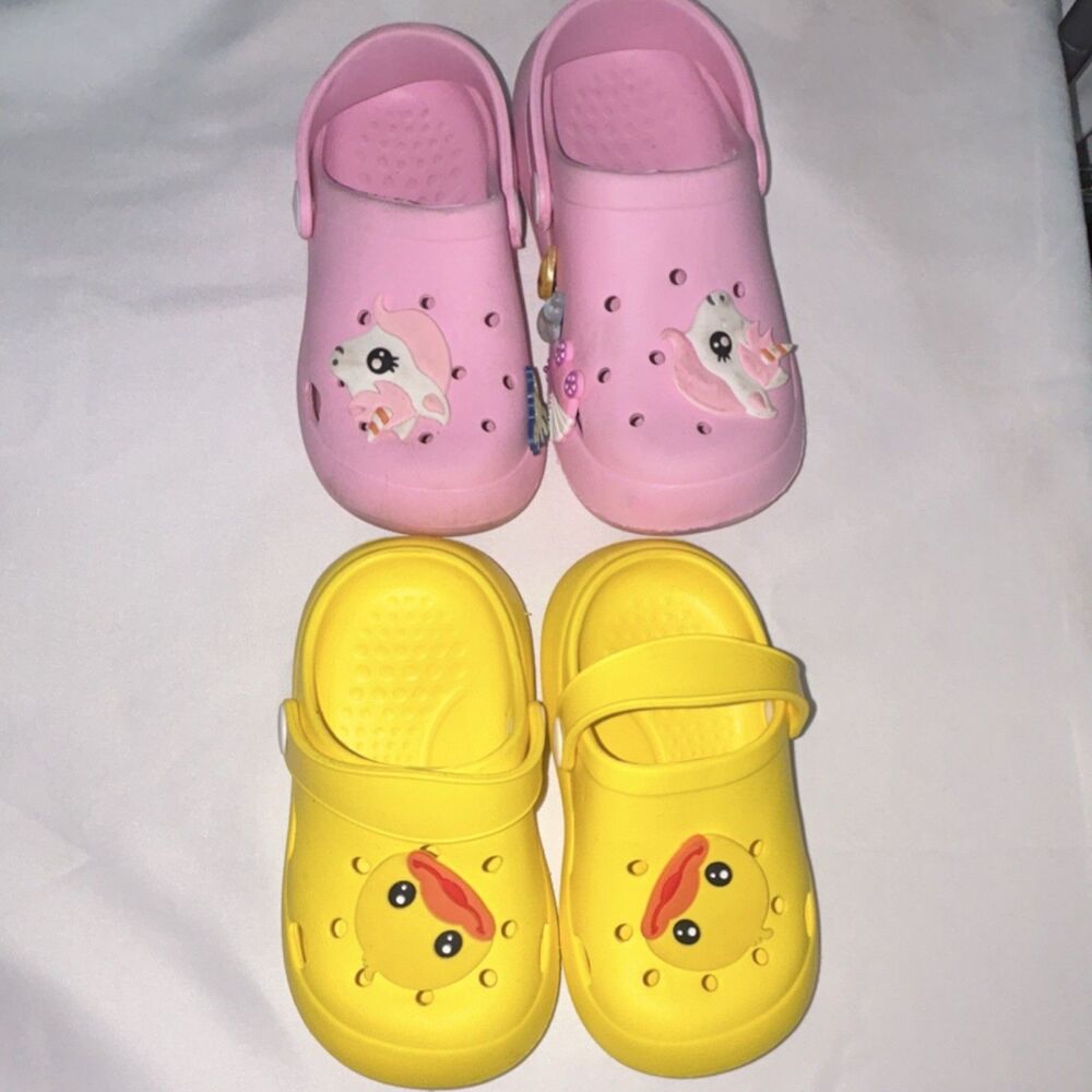 BEDAM Kids Clog Sandals Pink Yellow Rubber Slip-On Unicorn Duck Accents